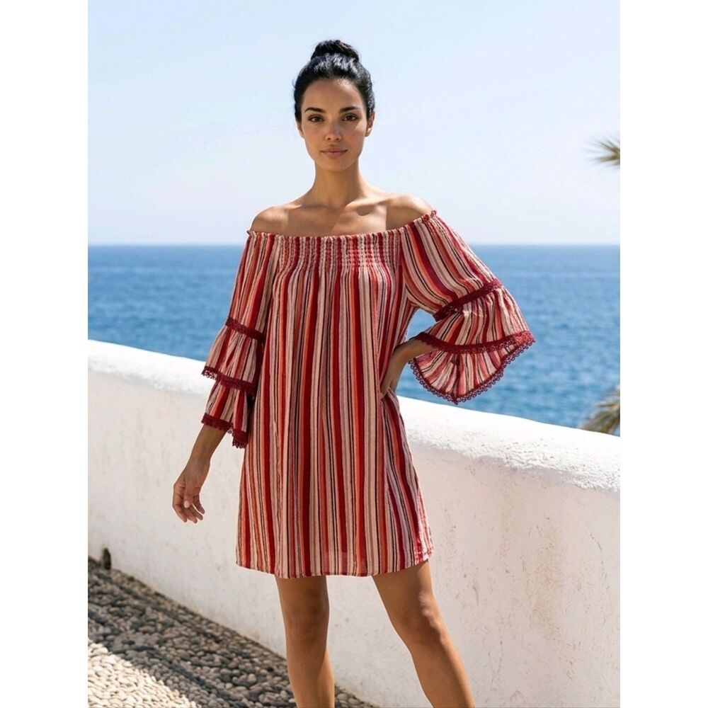 Euro Summer Red Stripe Dress 1X Off Shoulder Bell Sleeve Mini Flowy Plus Size